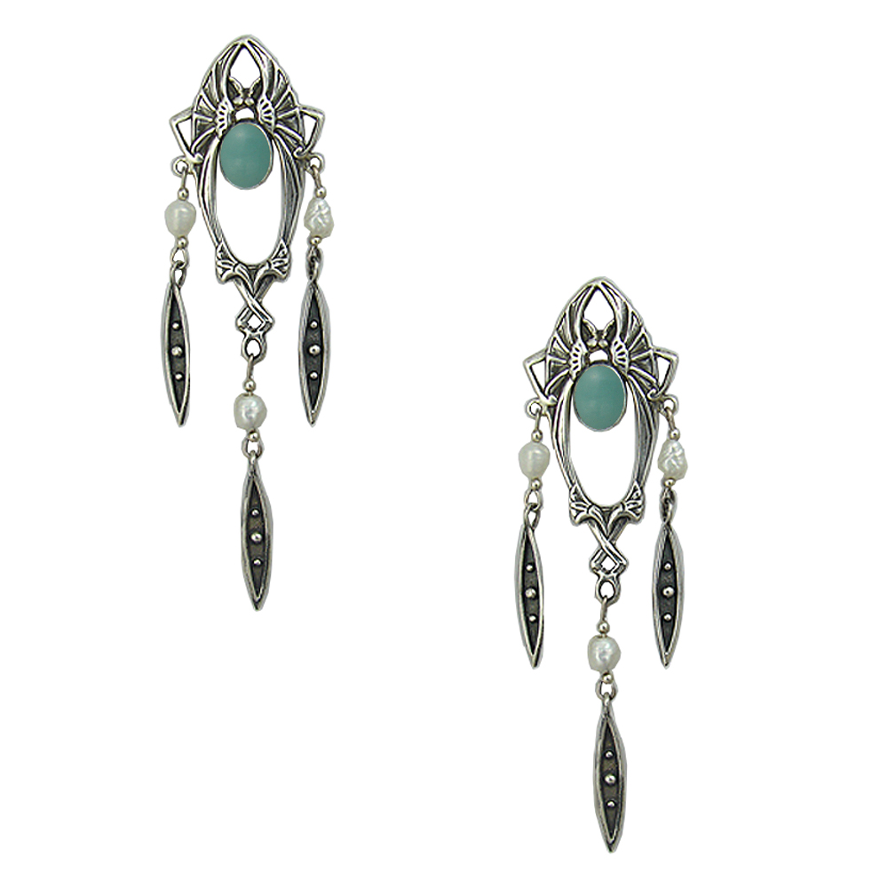 Sterling Silver Art Deco Drop Dangle Post Stud Earrings With Aventurine